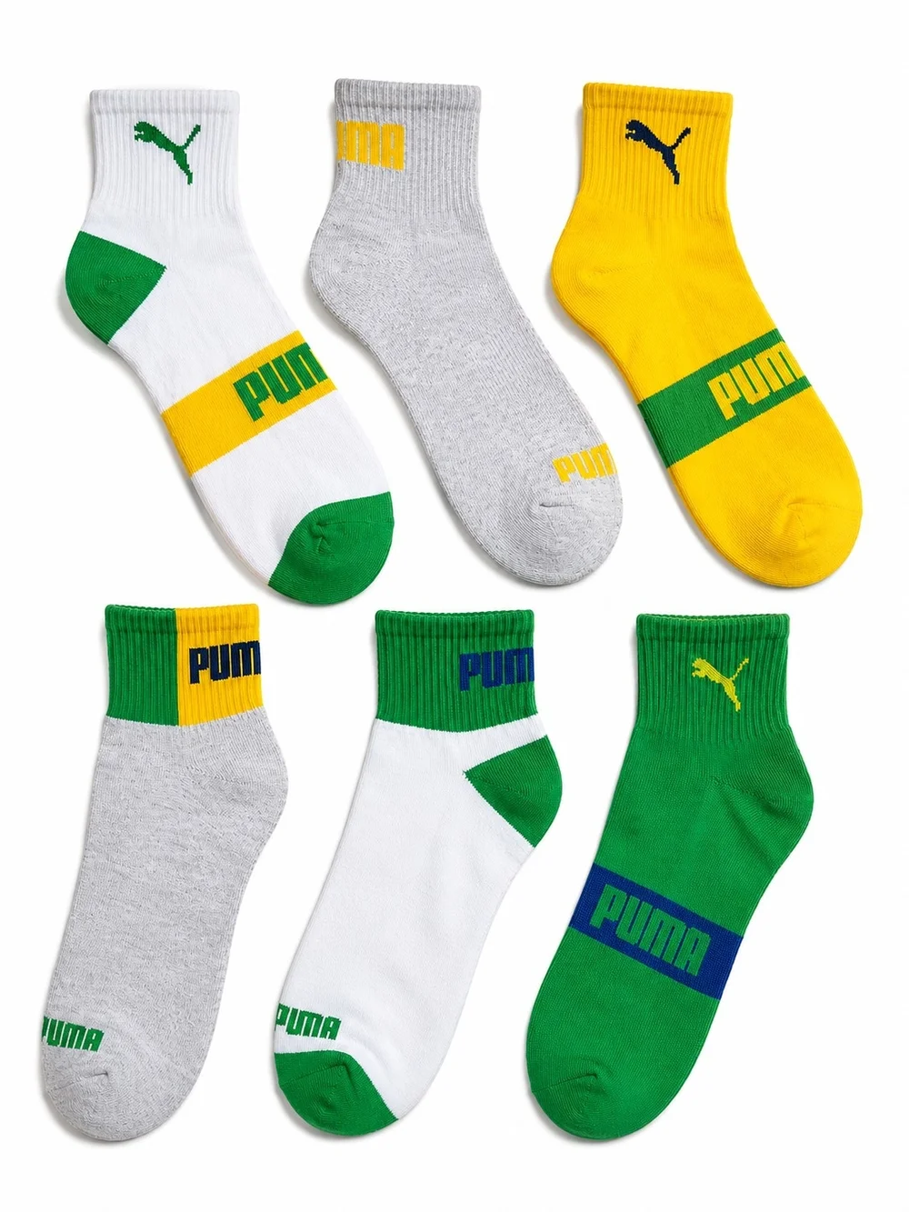 PUMA Athletic Crew Socks in White, Green & Yellow - 6 Pack Mens Socks